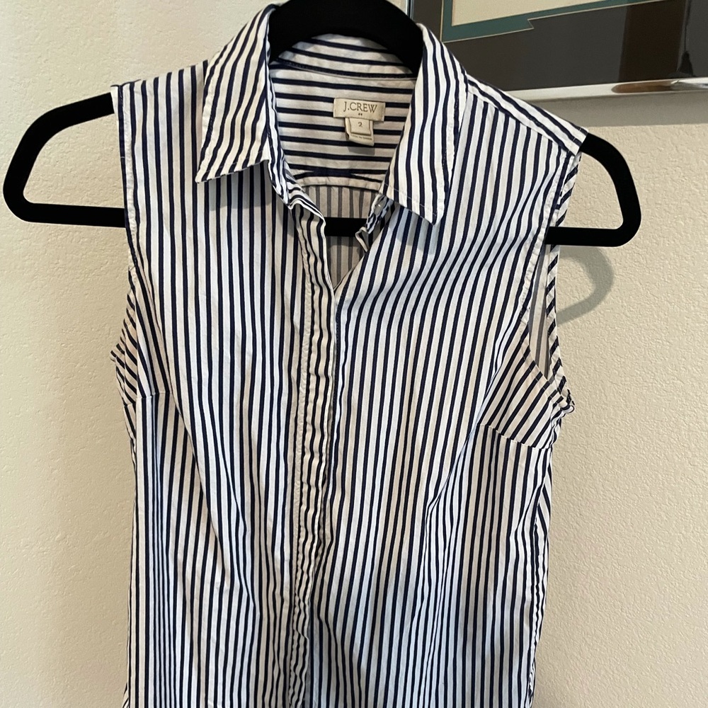 J. Crew Sleeveless Navy Stripped Dress Shirt